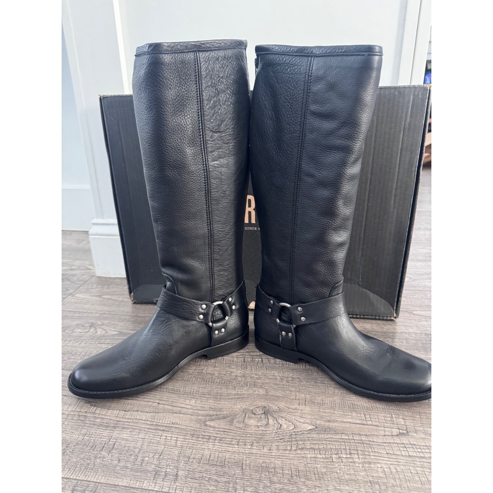 Frye Phillip Harness Tall Black Leather Boots 8.5 B 347136 Back Zip Knee High